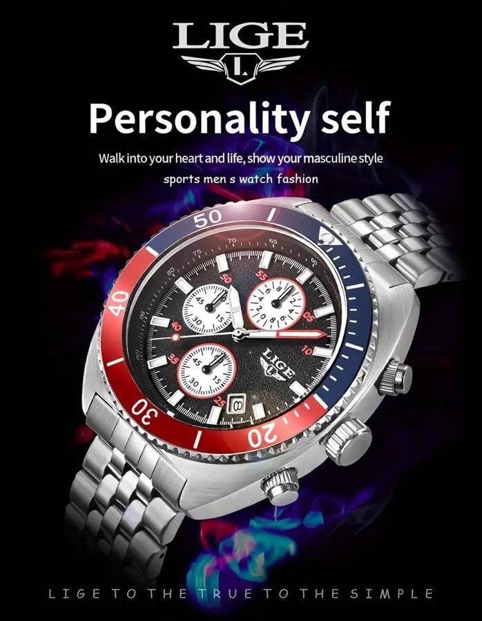LIGE "Pepsi" Styled Quartz Chronograph Multifunction Men's Watch