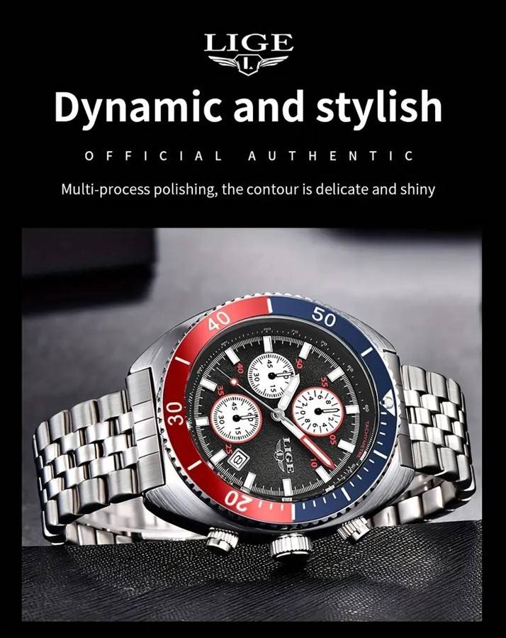 LIGE "Pepsi" Styled Quartz Chronograph Multifunction Men's Watch