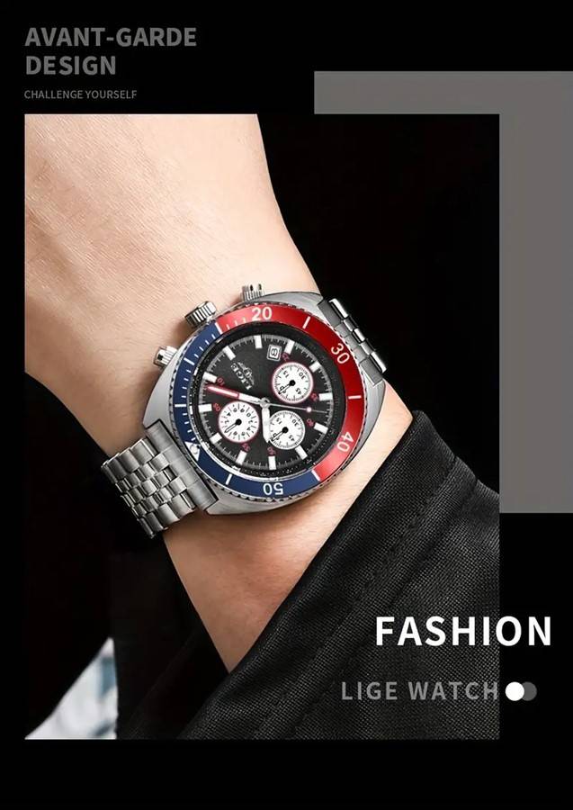 LIGE "Pepsi" Styled Quartz Chronograph Multifunction Men's Watch