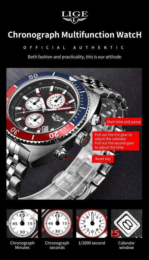LIGE "Pepsi" Styled Quartz Chronograph Multifunction Men's Watch