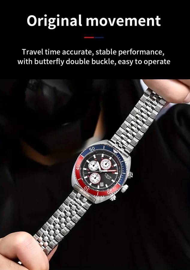 LIGE "Pepsi" Styled Quartz Chronograph Multifunction Men's Watch