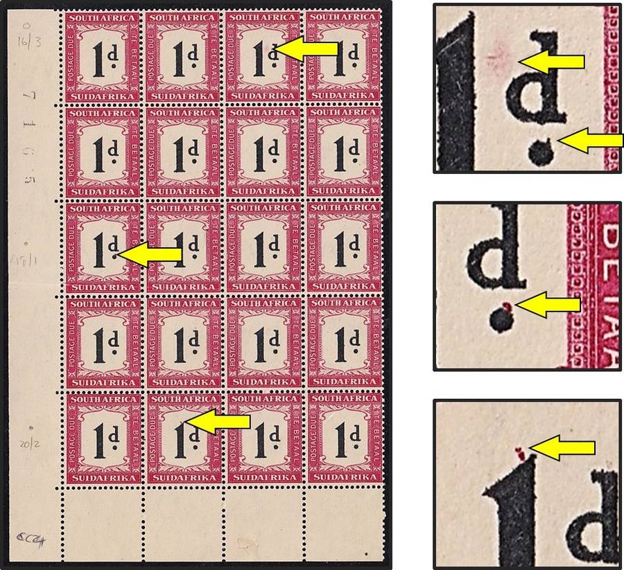1934 Union 1d Postage Due UMM(**) Block - 3 x Varieties  @ CV  R1,200+Varieties
