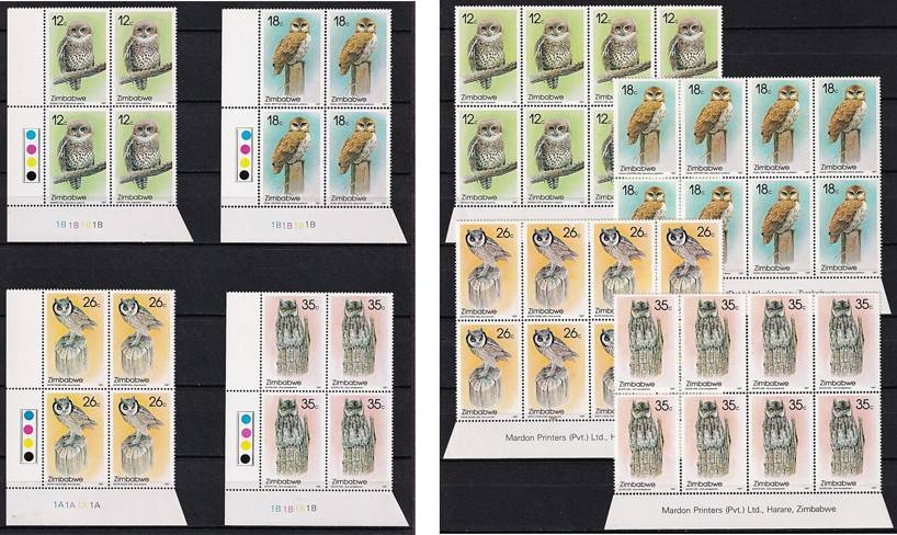 1987 Zimbabwe Owls UMM(**) Set in Control & Inscriptional Blocks @ CV  R4,250+