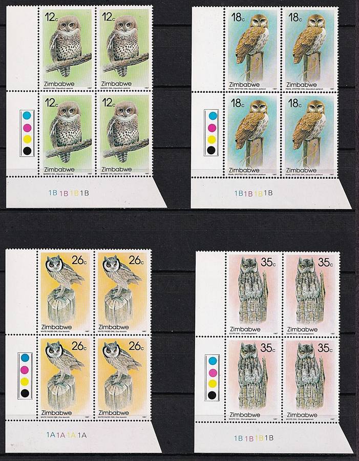 1987 Zimbabwe Owls UMM(**) Set in Control & Inscriptional Blocks @ CV  R4,250+