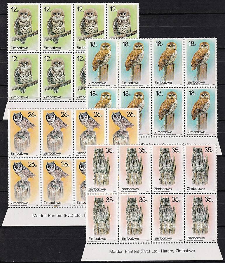 1987 Zimbabwe Owls UMM(**) Set in Control & Inscriptional Blocks @ CV  R4,250+