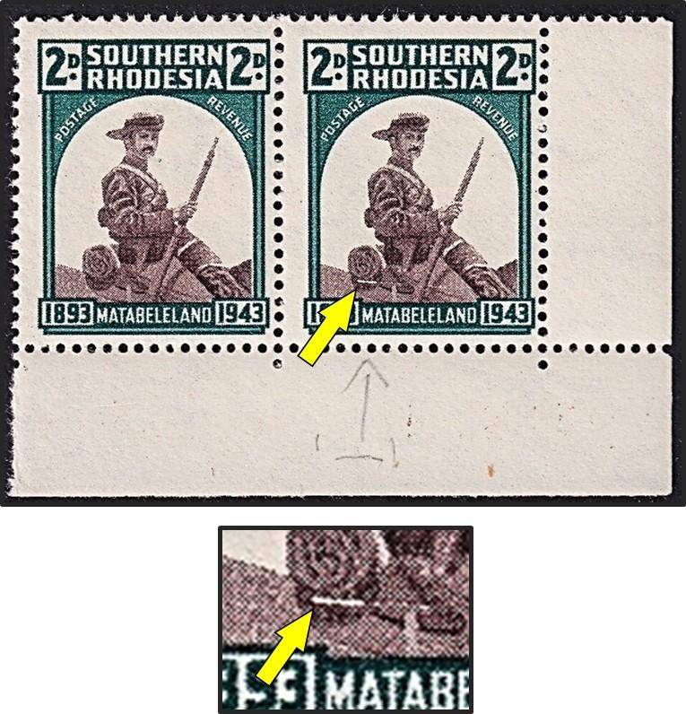1943 Rhodesia 2d UMM(**) Positional Variety - Saddle Bag Flaw