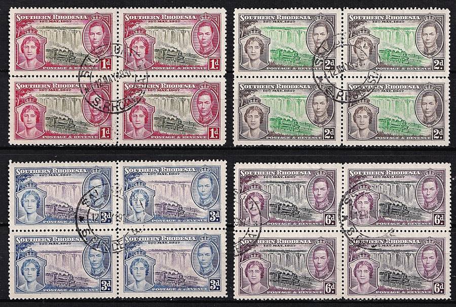 1937 Southern Rhodesia Coronation VFU Blocks of 4  @ CV  R1,000