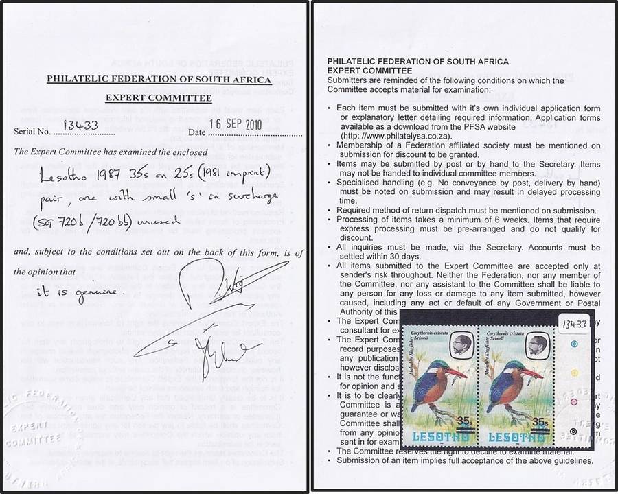 1987 Lesotho 35s on 25s UMM(**) Certified Small "s" Variety SG.720b/bb @ CV  R2,450+