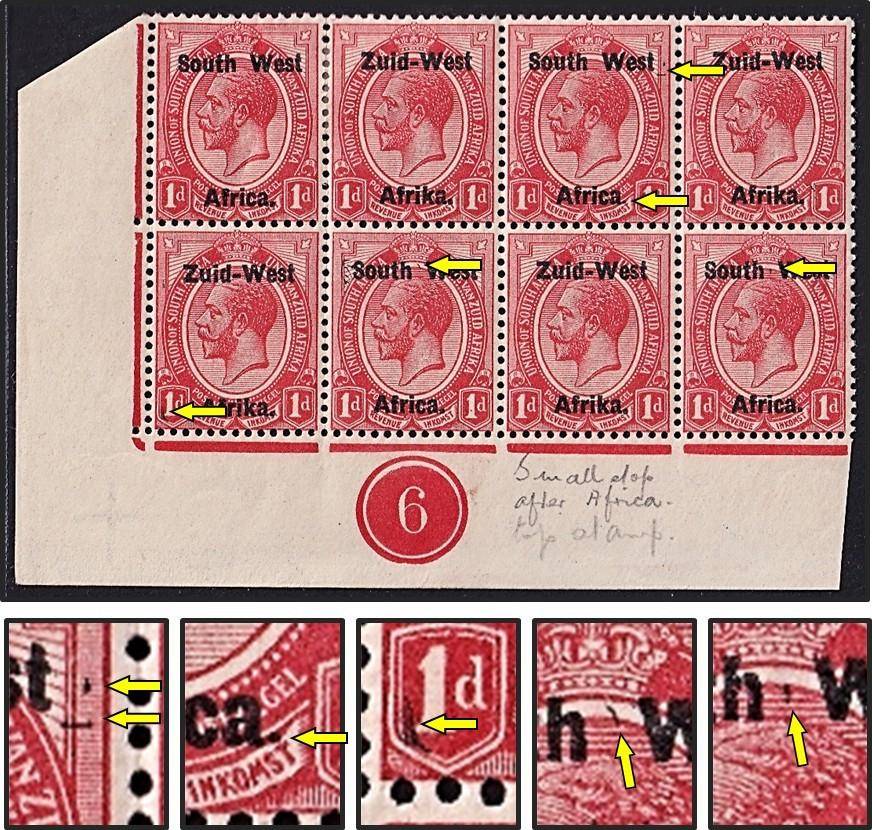 1923 SWA 1d UMM/MM CC.2 Varieties - Small Stop & Various Overprint Marks - RARE