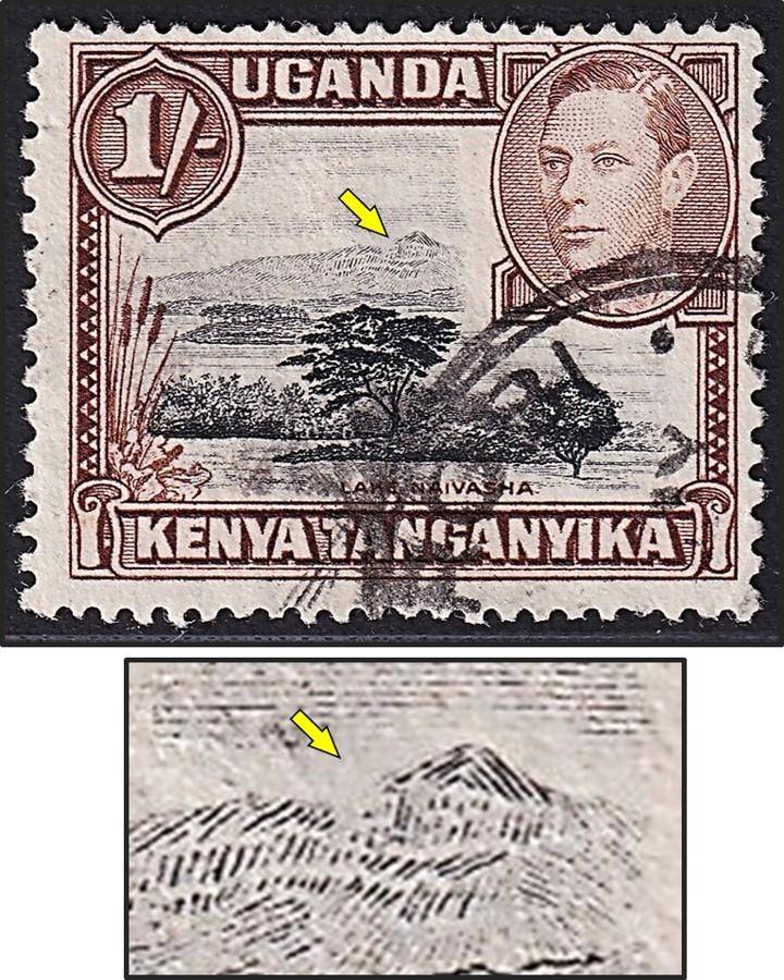 1938 KUT KGVI 1/- VFU Variety - Mountain Retouch CC.145ac  @ CV  R8,500+