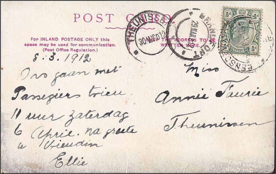 1912 Tvl KEVII ½d on ORC Cover - EENSGEVONDEN, THEUNISSEN & BRANDFORT