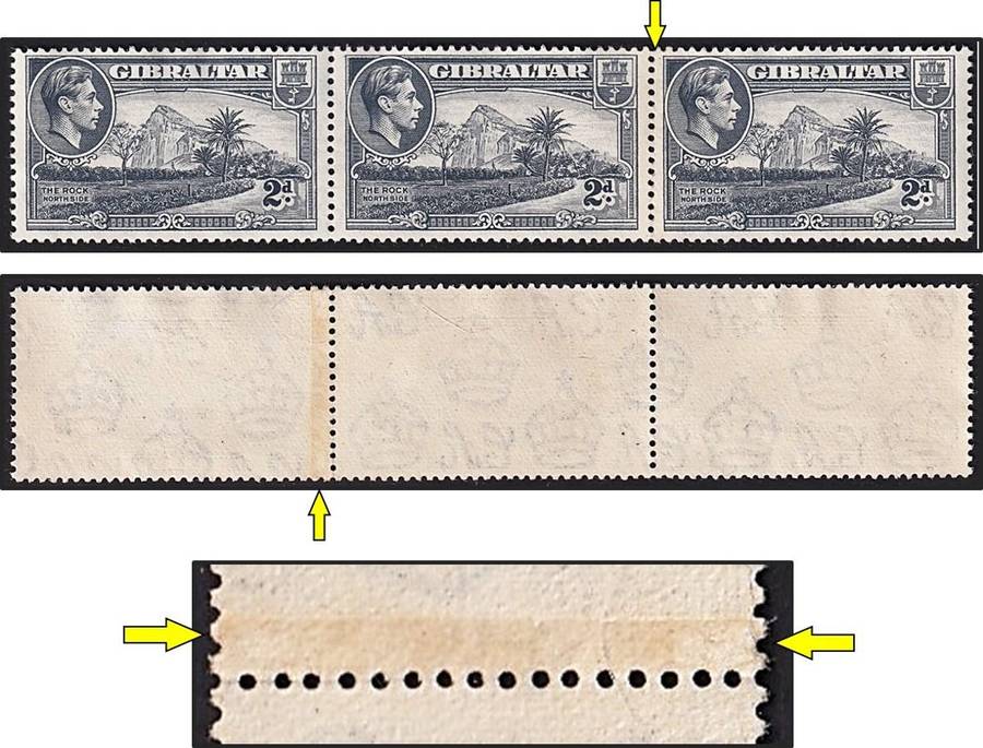 1938 Gibraltar KGVI 2d Mint(light gum), SG.124a Strip with RARE PAPER JOIN!