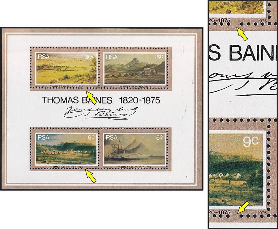 1975 RSA Thomas Baines UMM(**) Minisheet - Missing Perforations