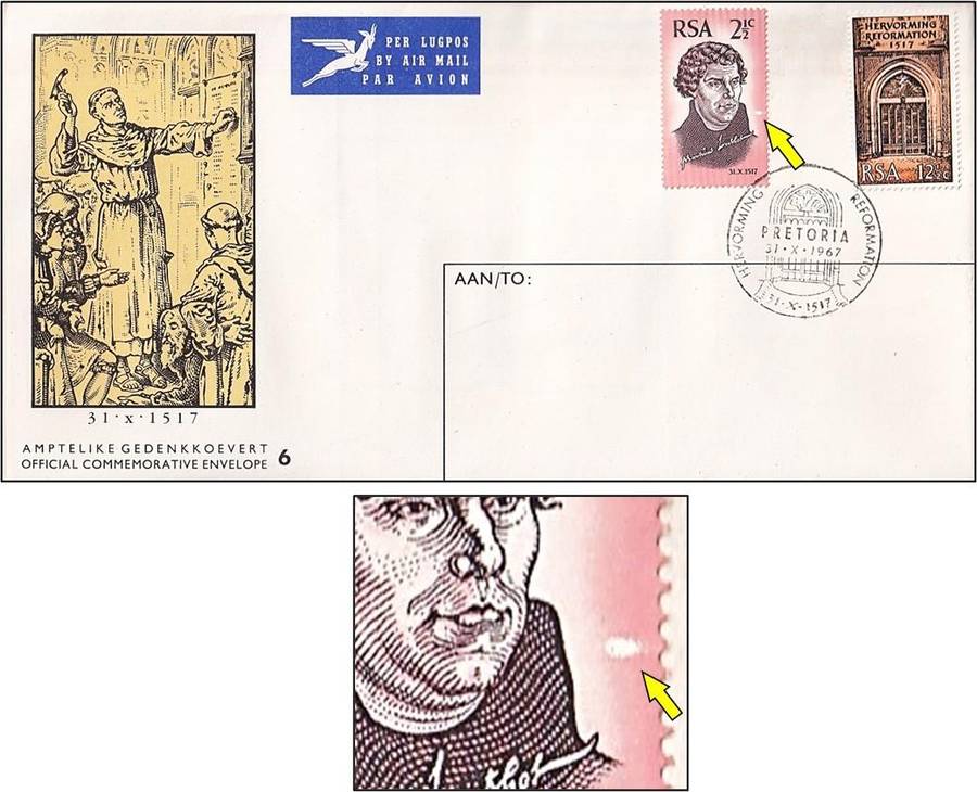 1967 RSA Reformation FDC No.6 with Variety - White Blob on 2½c