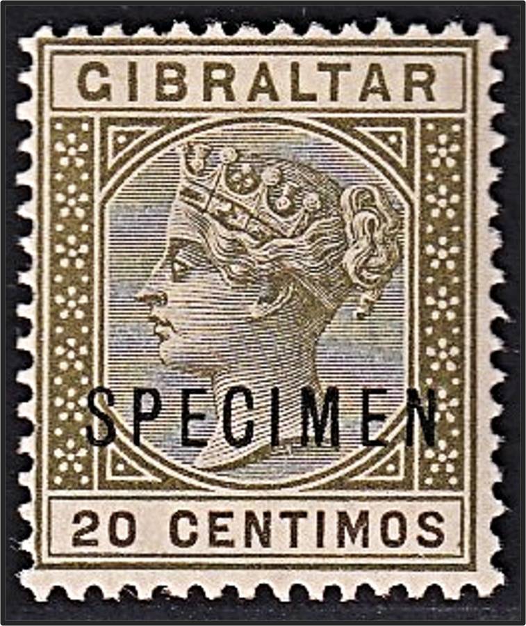 1896 Gibraltar 20c Queen Victoria SG.25 MM(*) - Overprinted SPECIMEN