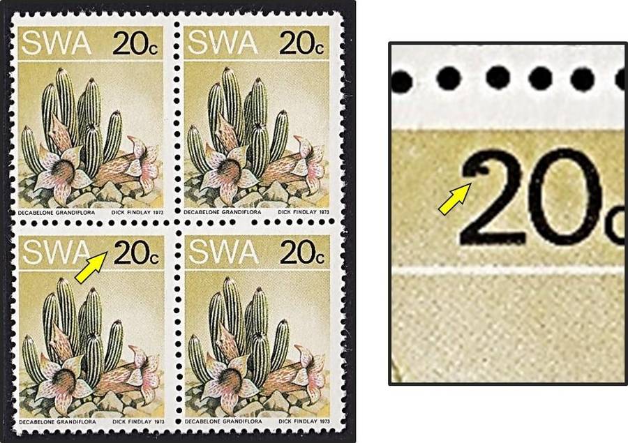 1973 SWA 20c UMM(**) Block with "Hook" on "2" - Scarce!