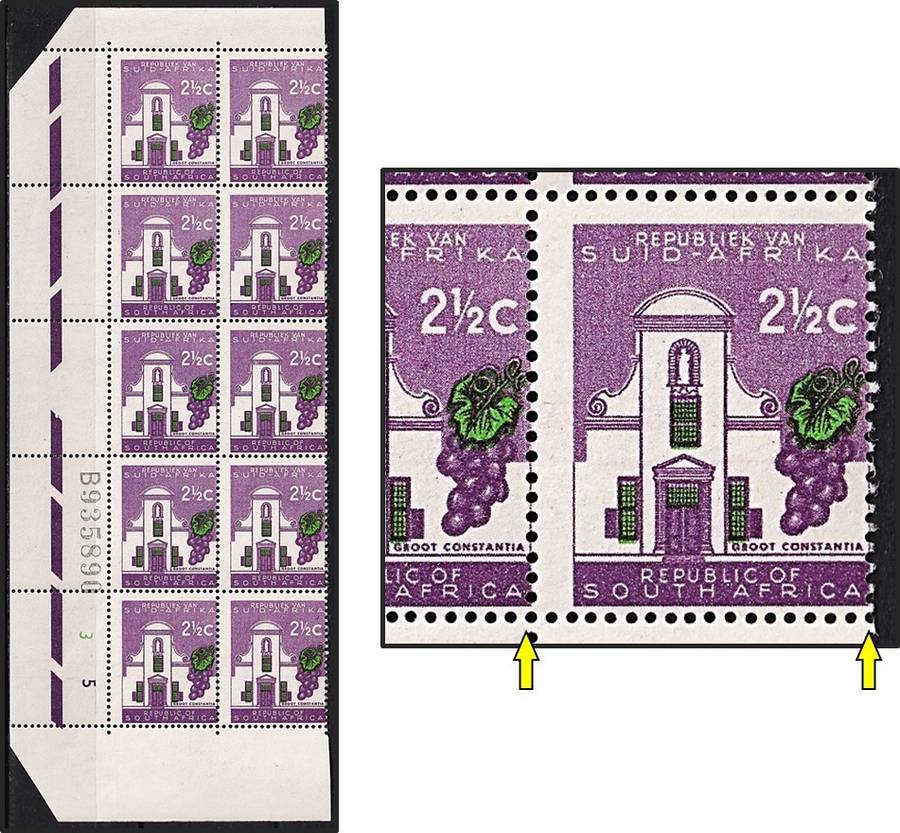 1961 RSA 2½c UMM(**) Block, CC.212a with Prominent Perf Shift into Stamp Design