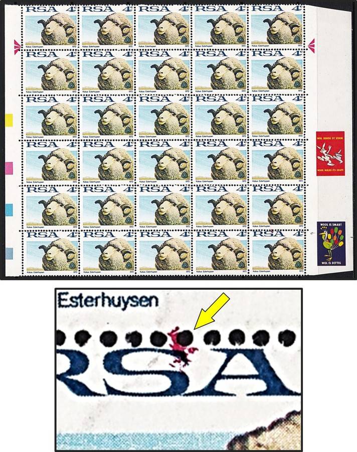 1972 RSA 4c UMM(**) Part Sheet Flaws - Red Ink Marks & Large Perf Shift to the Bottom