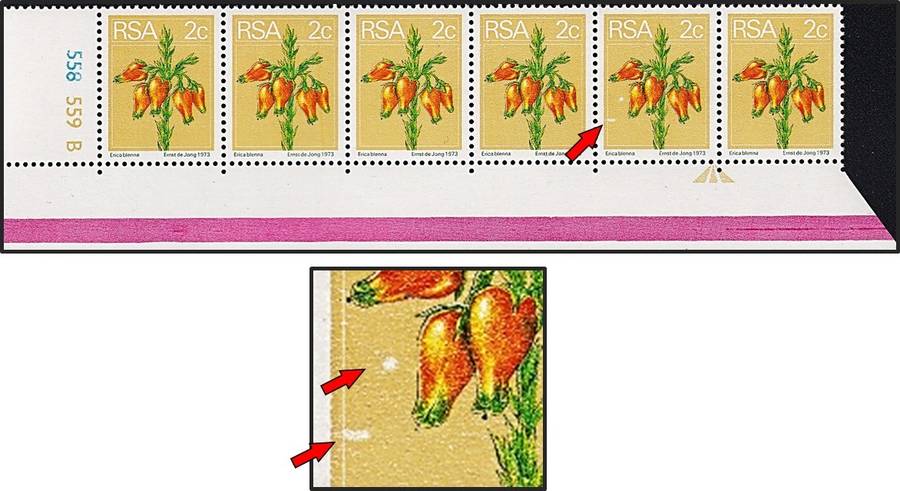 1974 RSA 2c UMM(**) Strip with Variety - Light Blobs Left of Flower