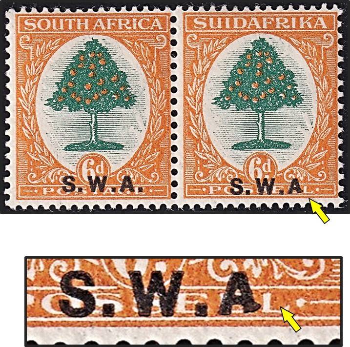 1927 SWA 6d LMM(*) Piar with Missing Stop Variety CC.86a  @ CV  R2,500