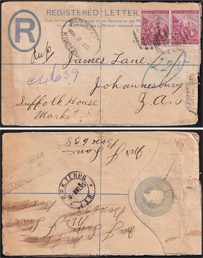 1895 CoGH (Kimberley) Prepaid Cover - RARE "R.P.K. TERUG_Z.A.R." DC Postmark on Rear