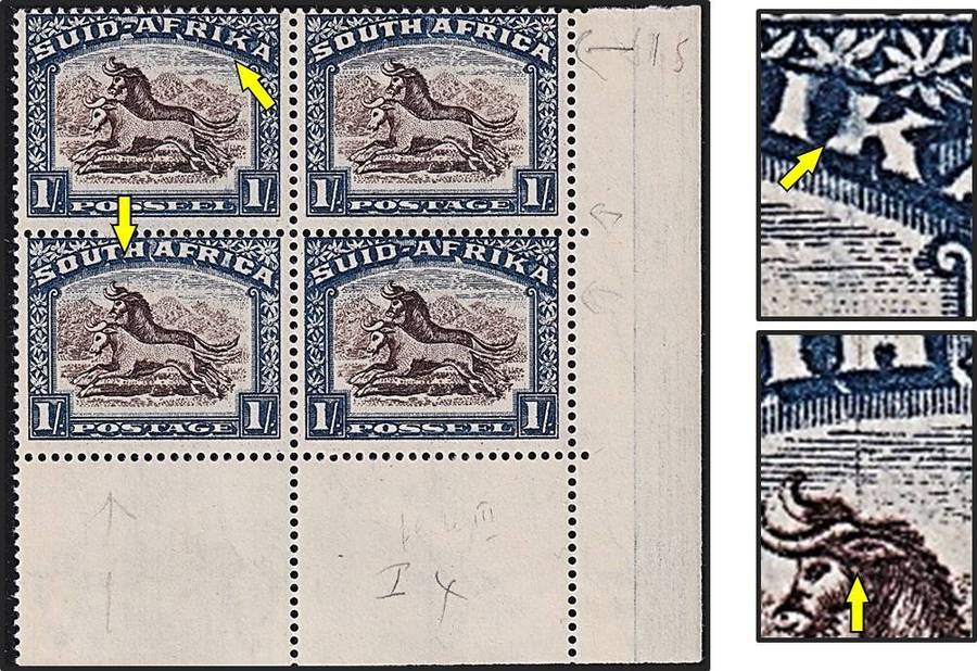 1939 Union 1/- MM/UMM(**) Corner - Smudged "K" & V-Line Through Gnu's Head