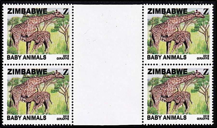 2019 Zimbabwe Z-Value UMM(**) Baby Animals Gutter Block - RARE!