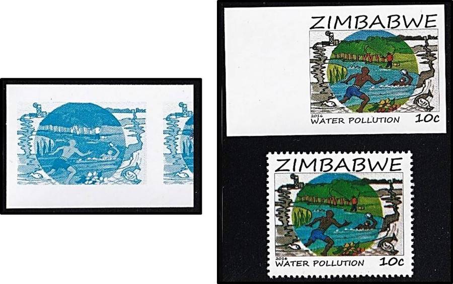 2016 Zimbabwe 10c Water Polution UMM(**) Colour Trial, Imperf Single & Issued Stamp