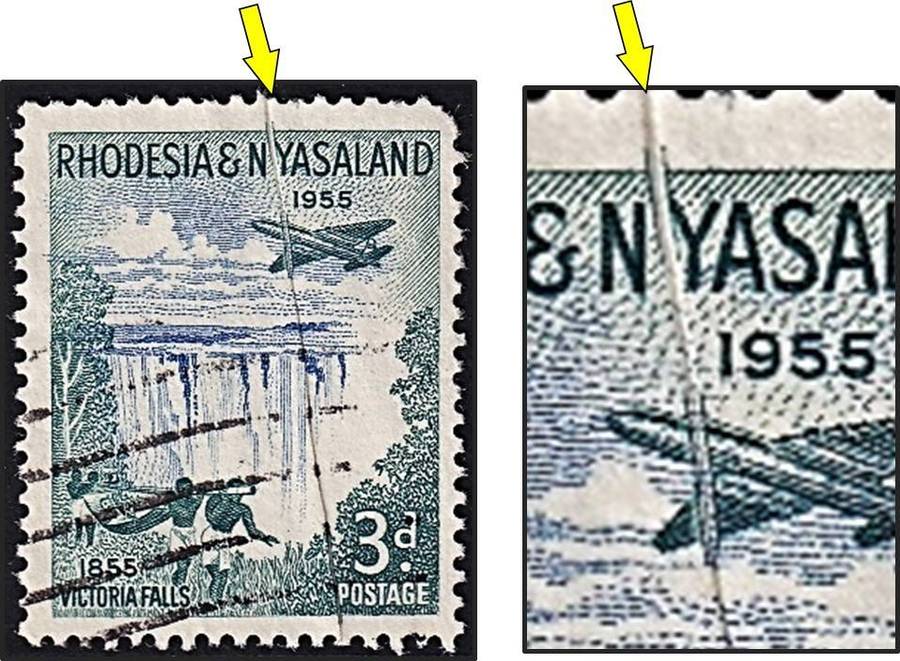1955 Rhodesia & Nyasaland 3d Used Variety - Paper Fold - Prominent Line Through Design