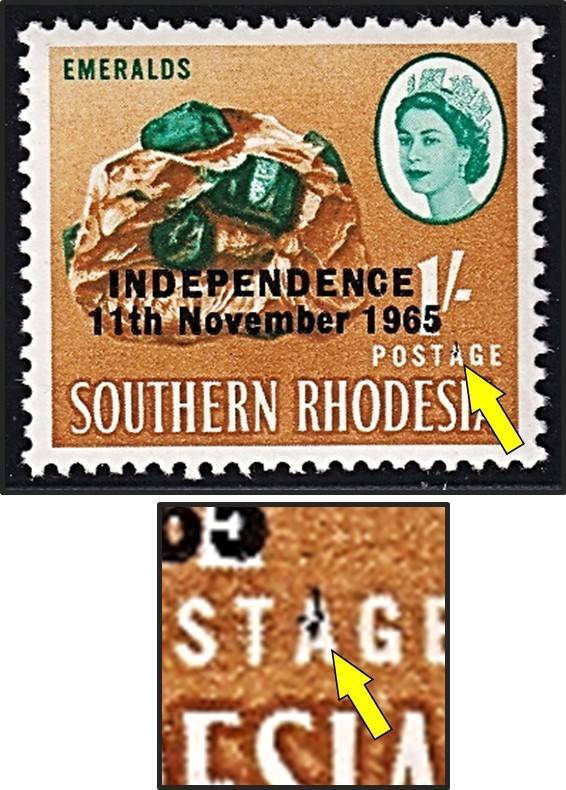 1965 Rhodesia 1/- UMM(**) Variety - Black Marks on "A" of POSTAGE