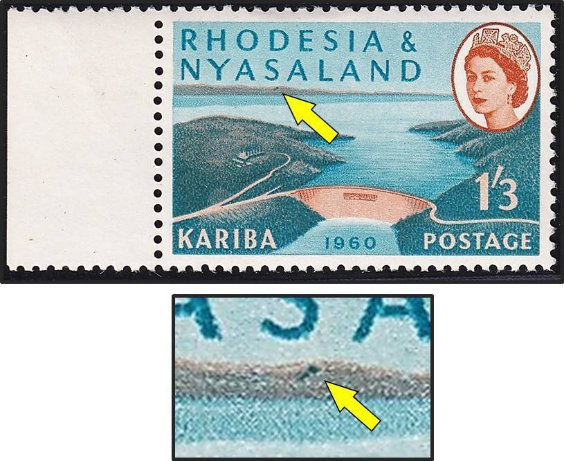 1960 Rhodesia & Nyasaland 1/3 UMM(**) Constant Flaw - Dark Mark in Mountains