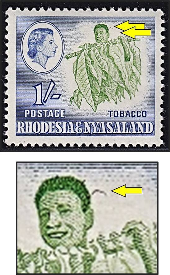 1959 Rhodesia & Nyasaland 1/- MM(*)  Variety - Dark Curl on Head