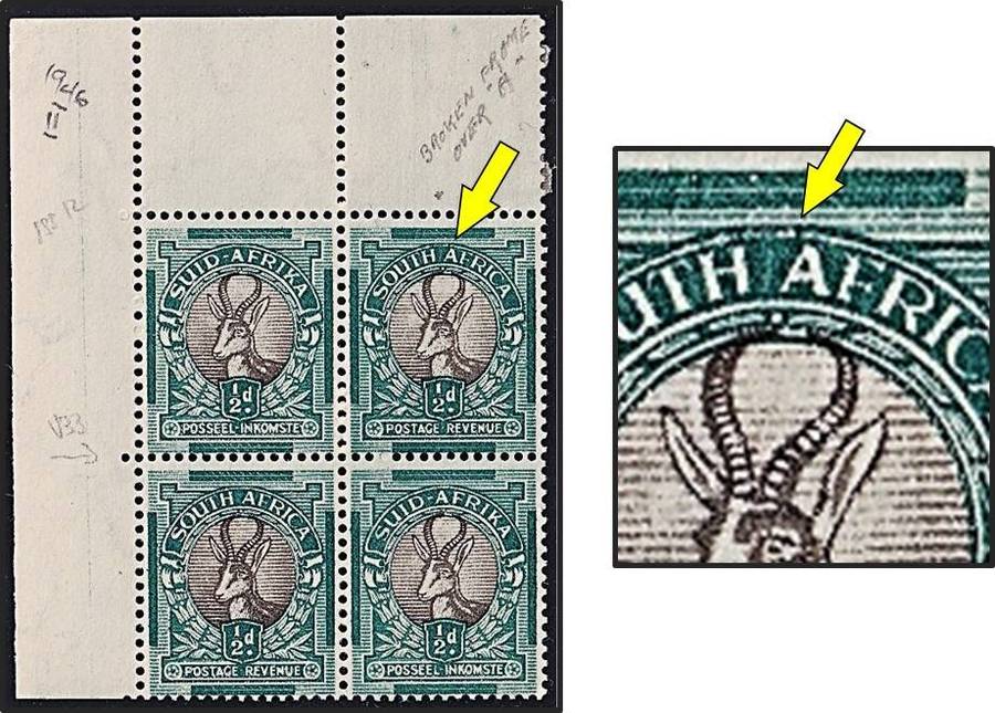 1936 Union ½d UMM(**) Scarce Brown Vignette with Broken Frame over "A"