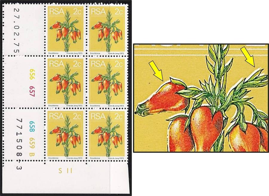 1974 RSA 2c UMM(**) Variety - Colour Shift/White Shadow on Flowers