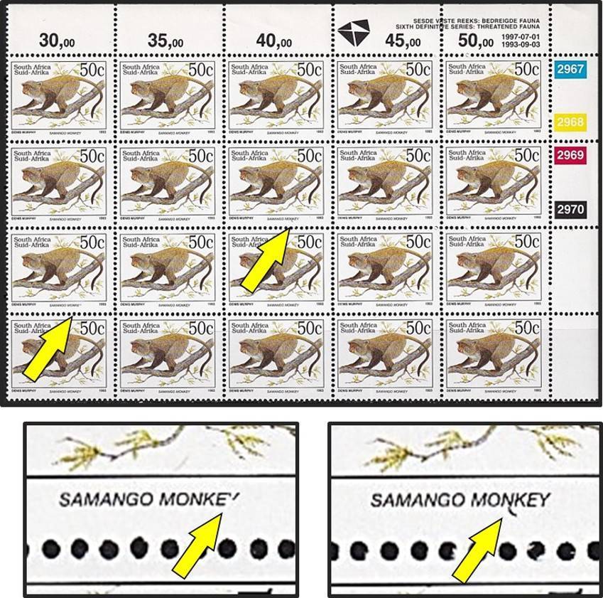 1997 RSA 50c Positional Varieties, CC.832a Normal Perf - Broken "Y" and Comma on "N"