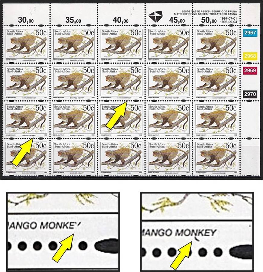 1997 RSA 50c Positional Varieties, CC.832c H.S.P.H. Perf - Broken "Y" and Comma on "N"