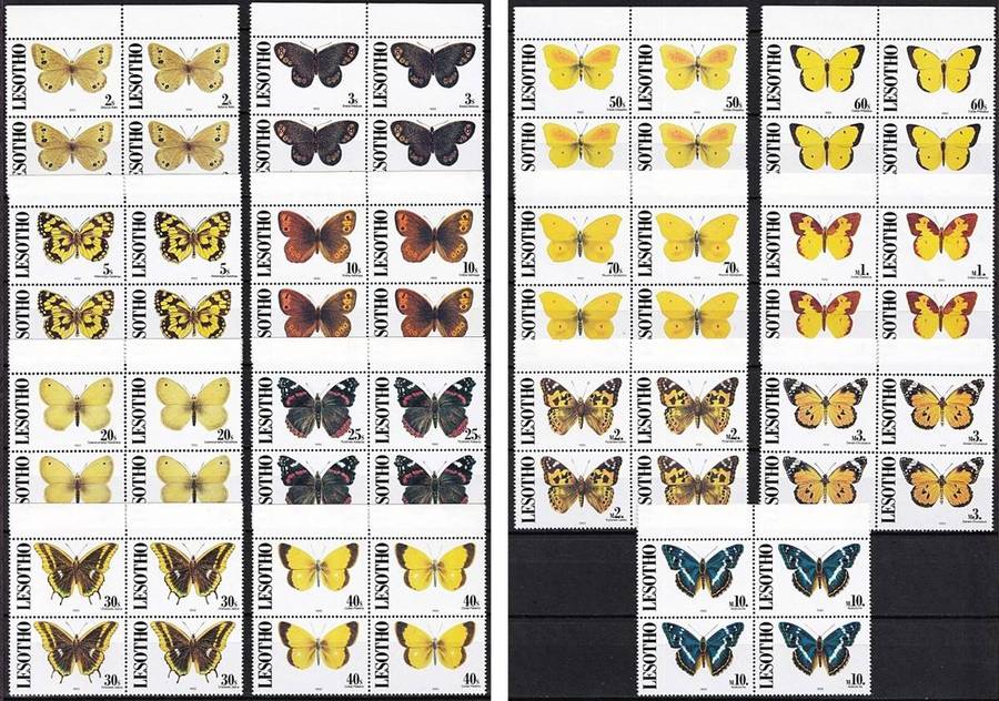1991 Lesotho Butterflies UMM(**) Set in Marginal Blocks of 4 @ CV  R1,600+