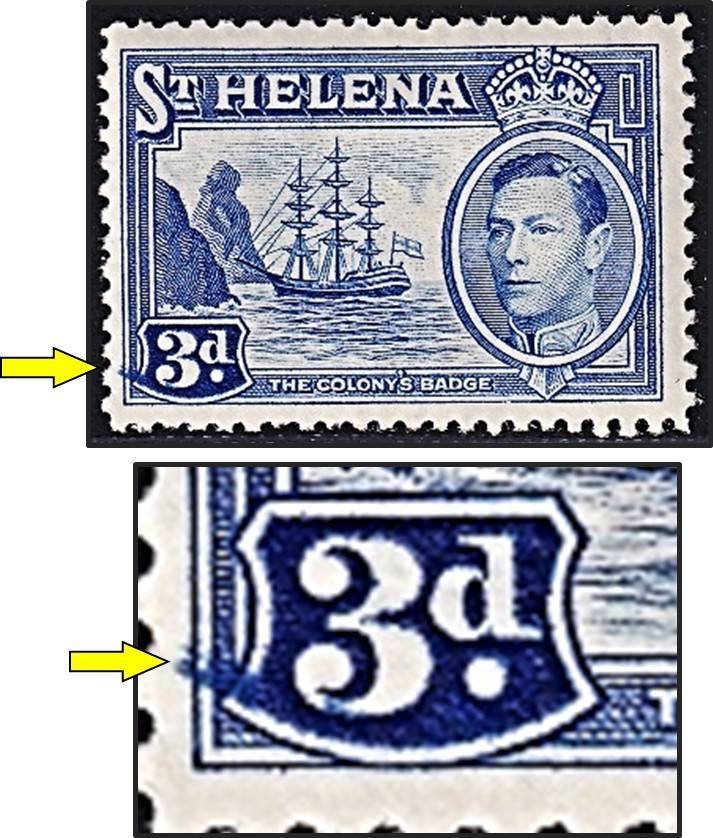 1938 St Helena 3d KGVI MM(*) SG.135 (£120) + Variety:  Streak in Value Tablet @ R2,840+Var