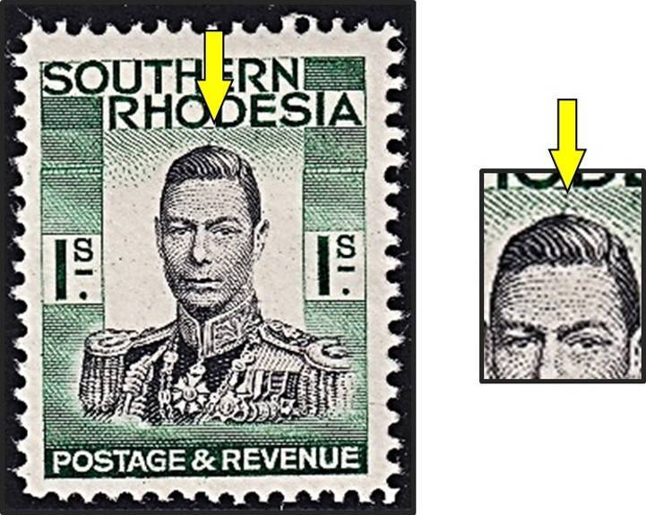 1938 Southern Rhodesia 1/- KGVI MM(*) Variety - "Hair Flaw"