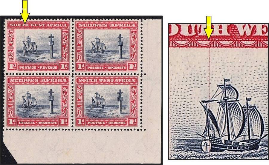 1931 SWA 1d UMM(**) Corner Block with Prominent Red DR Blade Flaw