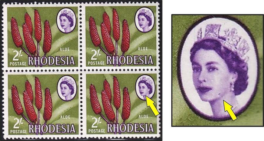 1966 Rhodesia 2/- UMM(**) Variety:   Spot on Queen's Jawline