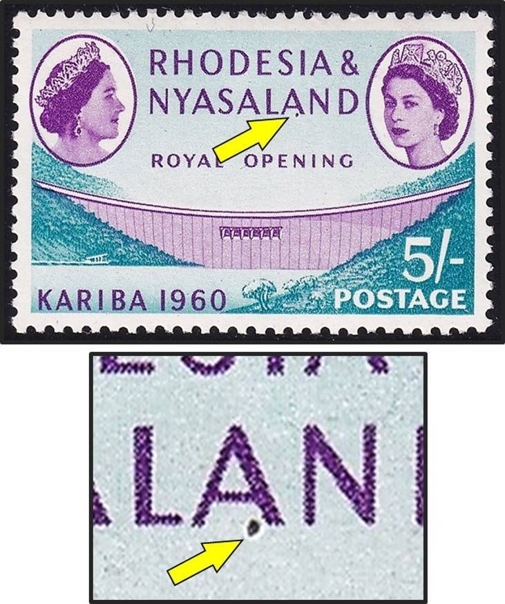 1960 Rhodesia & Nyasaland 5/- UMM(**) Variety - Purple Spot between Legs of "A"