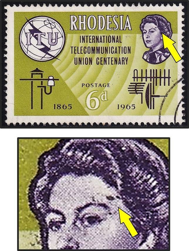 1965 Rhodesia 6d VFU Variety - Purple Mark next to Queen's Eye  - Scarce as Used