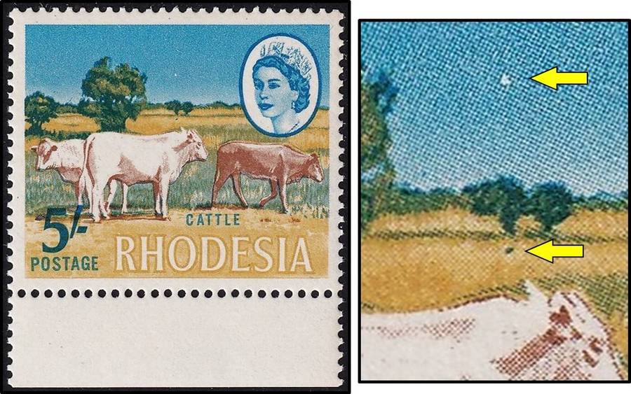 1966 Rhodesia 5/- UMM(**) Variety - "Small Moon" Flaw & Green Bush