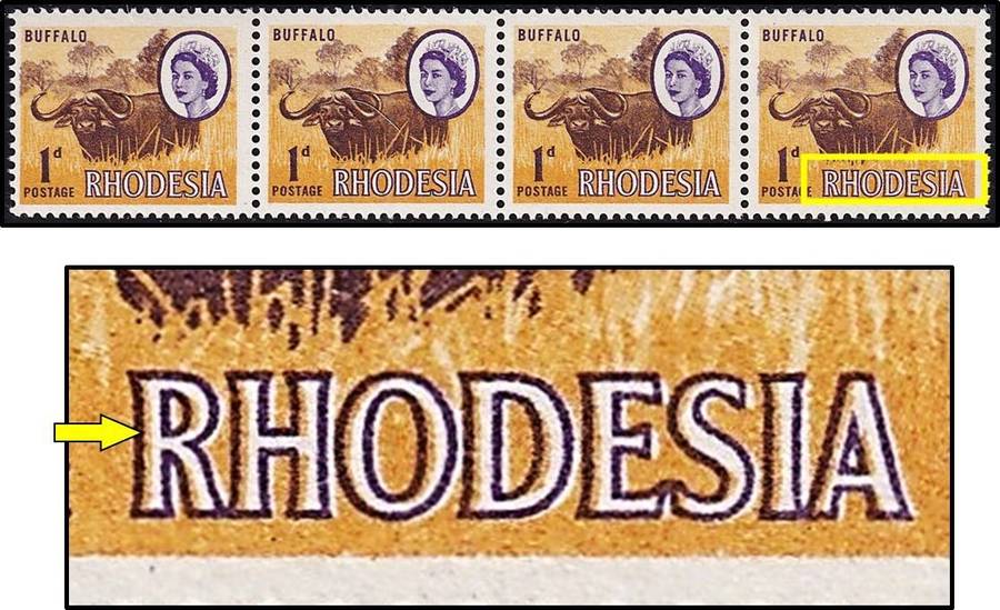 1966 Rhodesia 1d UMM(**) Coil Strip Variety - Colour Shift on Last Stamp