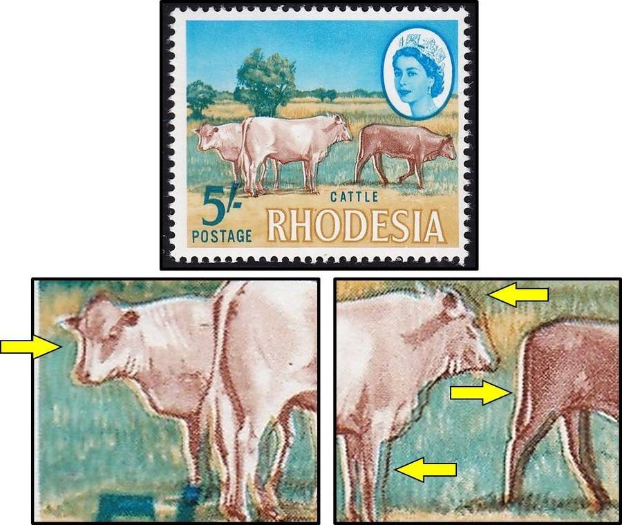 1966 Rhodesia 5/- MM(*) Variety - Double Face & Legs Flaw - Large Colour Shift