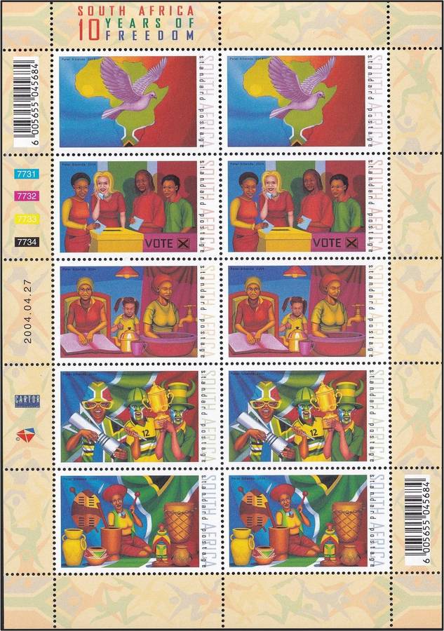 2004 RSA Ten Years of Freedom UMM(**) Full Sheetlet of 10  @ CV  R260