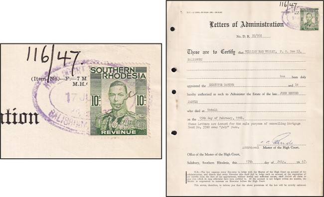 S.Rhodesia 10/- KGVI Revenue on 1947 Letter of Adminstration (Salisbury)