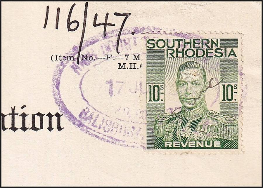 S.Rhodesia 10/- KGVI Revenue on 1947 Letter of Adminstration (Salisbury)