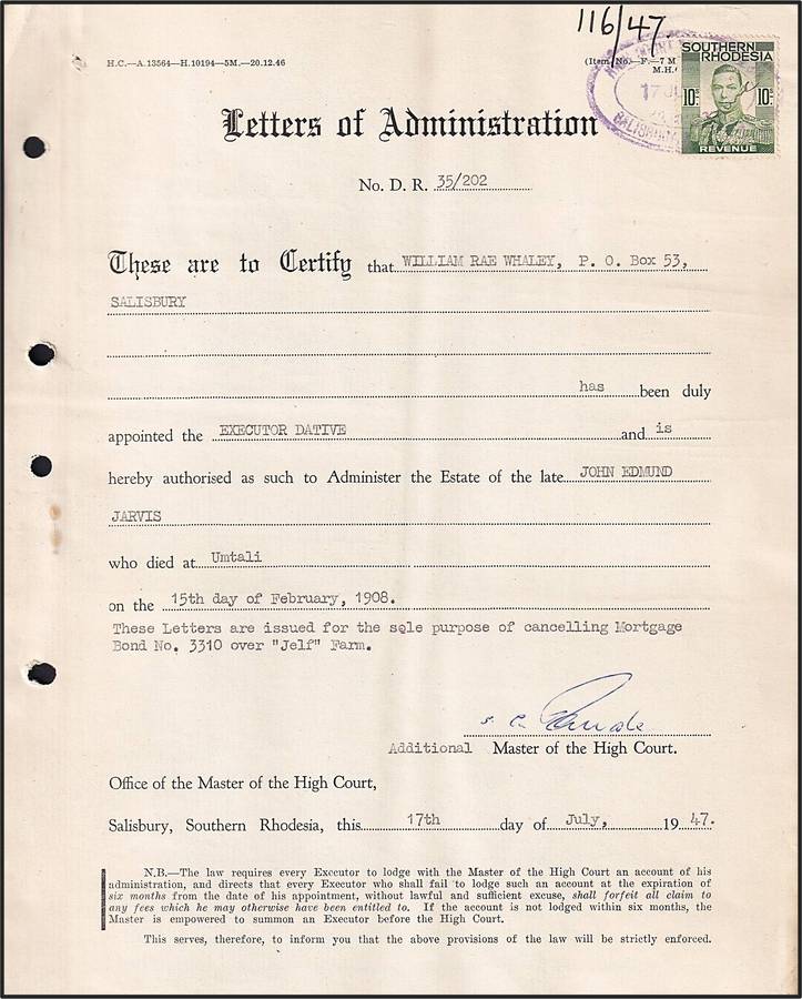 S.Rhodesia 10/- KGVI Revenue on 1947 Letter of Adminstration (Salisbury)